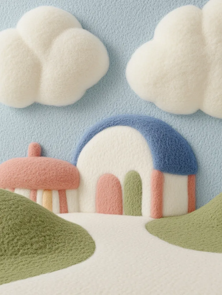 Here's a description of the image:

The image showcases a charming, whimsical landscape crafted from textured felt.  Two fluffy white clouds float against a light blue sky. Below, a quaint village scene unfolds with a small pink house and a larger house with a blue roof. These buildings, along with rolling green hills, are all rendered in soft, pastel felted textures.  The overall style is childlike and evokes feelings of gentleness and serenity. The scene is highly textured and visually soft.