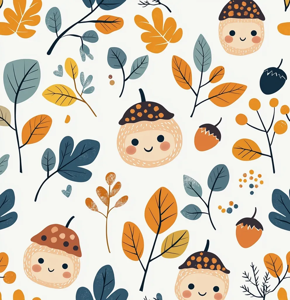 Here's a description of the image:

The image is a seamless pattern featuring adorable cartoon acorns with happy faces. They are stylized with brown caps and creamy-beige bodies, nestled amongst various autumnal leaves and twigs. The leaves are in shades of orange, yellow, and teal, creating a warm and inviting fall aesthetic.  Small acorns and berry-like elements are scattered throughout the design, adding to the autumnal theme. The background is white, allowing the colorful elements to pop. The overall style is playful and charming, suitable for fabric, wrapping paper, or children's products.