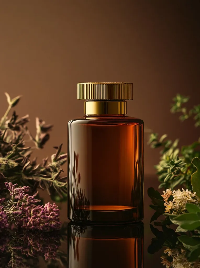 A rich amber-colored perfume bottle with a gold cap sits center frame, partially obscured by sprigs of fragrant herbs.  The bottle is rectangular with rounded corners and reflects light subtly. The background is a deep brown, providing a luxurious and sophisticated backdrop.  The overall aesthetic is one of natural elegance and high-end fragrance. The scene is meticulously lit, enhancing the textures and colors of both the bottle and the surrounding flora.