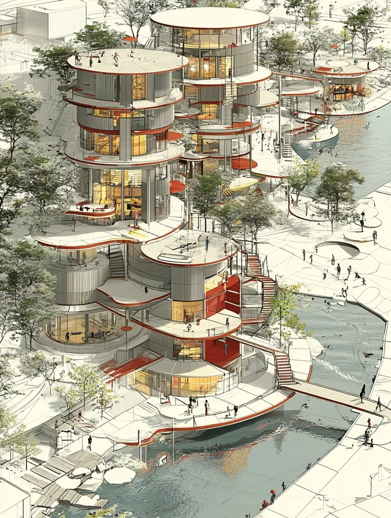 This architectural rendering depicts a futuristic, multi-level residential complex nestled alongside a waterway.  Circular buildings, interconnected by bridges and walkways, feature open-plan interiors with pops of red accentuating the design.  Lush greenery and scattered figures suggest a vibrant, community-oriented environment. The style blends realistic detail with sketch-like lines, creating a whimsical yet practical vision of urban living. The water's reflection adds a sense of tranquility to the bustling design.