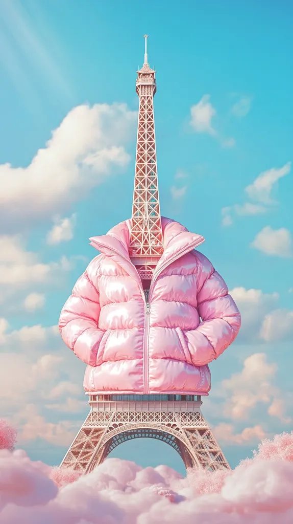 Here's a description of the image:

The image is a whimsical, surreal depiction of the Eiffel Tower. The tower is not standing alone but rather incorporated into a large, puffy, light pink down jacket. The jacket acts as the body of the tower, obscuring the lower structure.  The scene is set against a pastel blue sky with fluffy pink clouds, creating a dreamy, almost cotton candy-like aesthetic. The overall mood is lighthearted and fantastical.