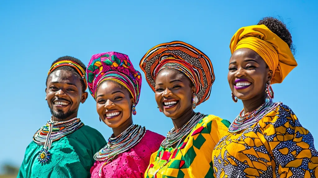 Four smiling individuals, two men and two women, are captured against a vibrant blue sky.  They are adorned in colorful, traditional African attire, including intricately patterned head wraps and vibrant necklaces. Their clothing showcases diverse designs and textures, reflecting a rich cultural heritage.  The joyful expressions and bright clothing create a lively and celebratory image.