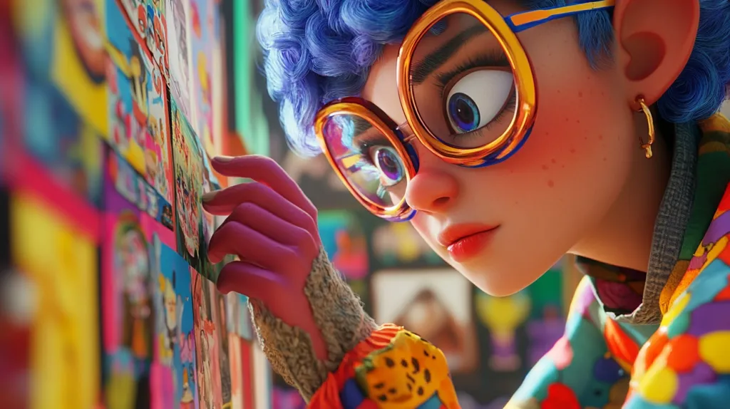Close-up of a stylized animated character, a young person with vibrant blue curly hair, large round gold-rimmed glasses, and a colorful, patterned jacket. They are examining a wall covered in smaller, colorful images, their hand gently touching the surface. The character's expression is one of focused curiosity. The overall style is bright, playful, and slightly surreal.  The image’s color palette is rich and saturated.