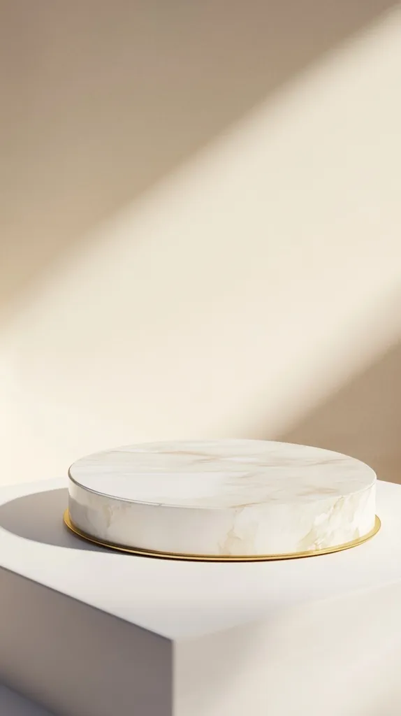A minimalist scene features a circular, off-white marble podium with a thin gold rim.  It rests on a larger, off-white square base.  Soft, natural light casts shadows across a pale beige background, creating a clean and elegant aesthetic. The image's simplicity suggests a display for product showcasing or a backdrop for clean design inspiration.  The overall mood is calm and luxurious.
