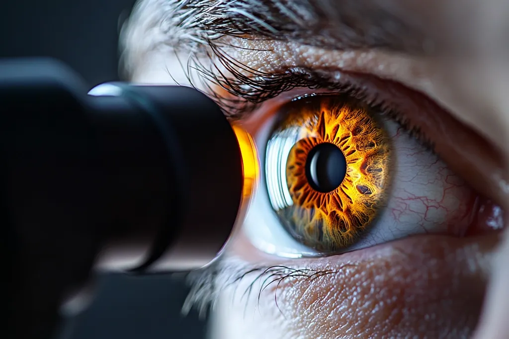 Close-up view of a person's eye being examined with a medical instrument. The lens of the instrument is positioned close to the eye, illuminating the iris in warm, orange-gold hues, revealing intricate details of the eye's structure.  The image emphasizes the high level of detail visible during a close examination, possibly for diagnostic purposes. The surrounding skin texture is also visible, adding to the image's clinical focus.