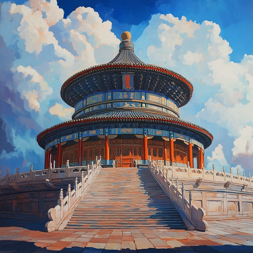 Here is a description of the image:

The painting depicts the Temple of Heaven in Beijing, China, under a bright, partly cloudy sky.  The temple's iconic circular structure, with its tiered roofs and vibrant blue and red coloring, is the central focus.  A wide, grand staircase leads up to the main entrance. The style is reminiscent of impressionistic painting, with visible brushstrokes contributing to a sense of light and movement in the clouds and the temple's intricate details. The overall mood is serene and majestic, highlighting the temple's architectural splendor.