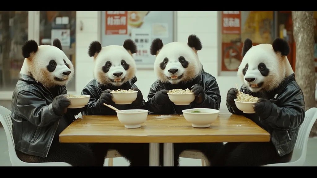 Four pandas, dressed in black leather jackets, sit at a small wooden table outdoors. Each panda holds a bowl of noodles, using chopsticks.  The scene is set against a blurred background of a city street with signage visible. The pandas appear content and are enjoying their meal.  The overall mood is lighthearted and whimsical.