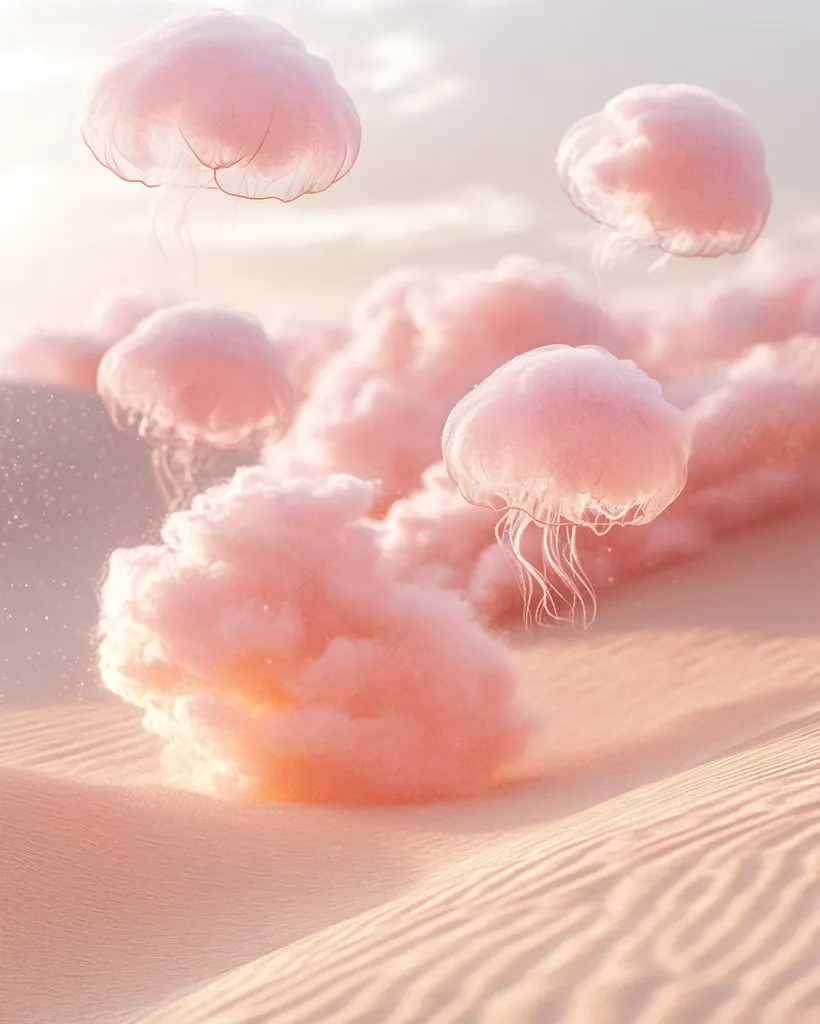 Here's a description of the image:

The image depicts a surreal scene of several pale pink jellyfish-like forms floating above a gently undulating expanse of sand dunes.  The jellyfish are translucent, with delicate, wispy tendrils trailing below. They appear to be made of, or are embedded within, soft, cotton candy-like clouds of the same pale pink hue. The overall color palette is soft and dreamlike, creating a serene and otherworldly atmosphere.  The light suggests a sunrise or sunset, casting a warm glow on the sand and the ethereal creatures.