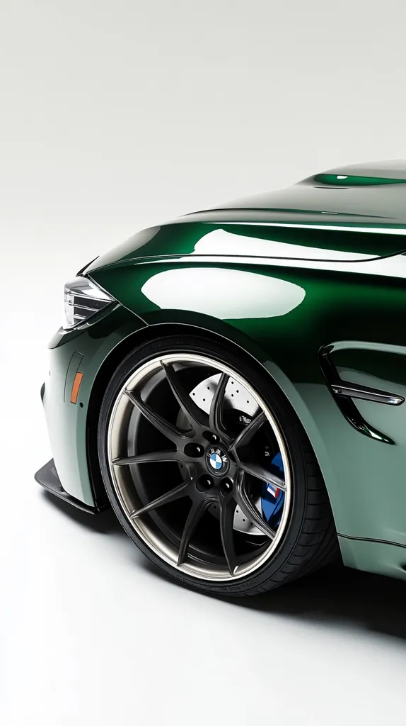 Here's a description of the image:

Close-up view of the front end of a dark green BMW M3, showcasing its sleek, metallic paint and stylish alloy wheels.  The car's body is highly polished, reflecting light and highlighting its contours. The focus is sharply on the wheel and tire, revealing intricate details of the wheel design and brake calipers. The background is a simple, light gray, drawing all attention to the vehicle. The image emphasizes the car's sporty design and luxurious finish.