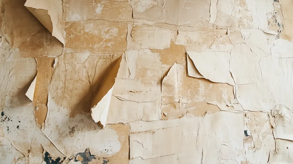 The image shows a wall with severely damaged wallpaper.  Large sections of the beige and off-white paper are peeling and flaking, revealing the underlying wall.  The peeling is uneven, creating a textured, abstract pattern of curving and jagged edges. The overall effect is one of age and decay, with a muted color palette dominated by various shades of beige and off-white.  The damage is extensive, suggesting neglect or significant water damage.