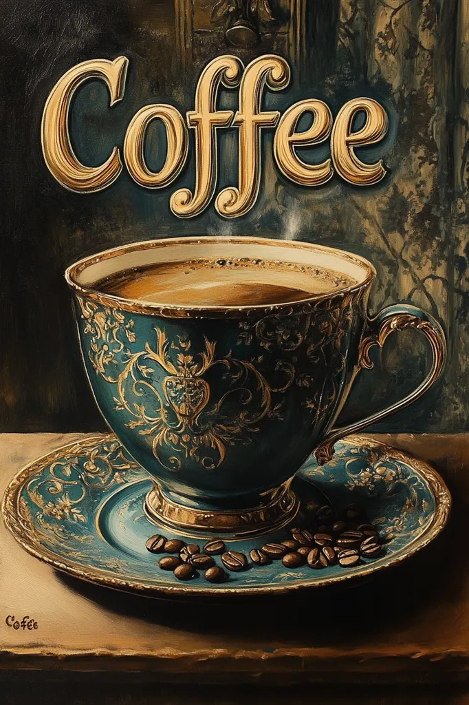 Here's a description of the image:

The painting is a still life depicting a teal and gold ornate teacup and saucer filled with steaming coffee.  The cup is richly decorated with gold filigree and sits on a matching saucer. Scattered coffee beans rest on the saucer. The word "Coffee" is prominently displayed in elegant gold lettering above the cup. The background is dark and textured, suggesting a rich, possibly antique, setting. The overall style evokes a feeling of luxury and old-world charm.  The painting uses rich, deep colors and highlights to create a sense of depth and realism.