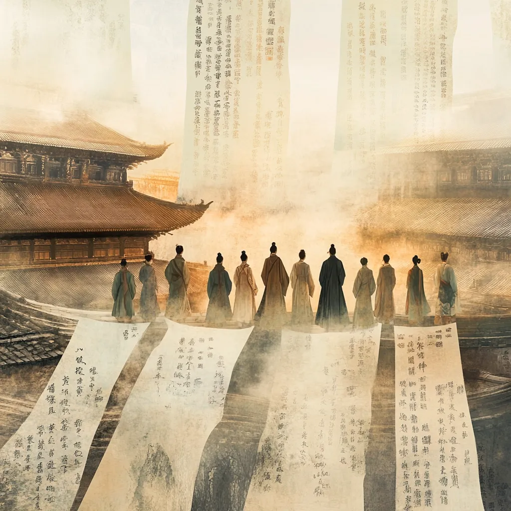 The image depicts a group of ten individuals, dressed in traditional East Asian robes, standing with their backs to the viewer on a rooftop overlooking a misty, ancient city.  Ancient Chinese-style buildings with intricate roofs are visible in the background.  Surrounding the figures and extending to the foreground are numerous scrolls of aged parchment, filled with illegible script in a vertical format.  The overall atmosphere is one of mystery, history, and perhaps a sense of anticipation or foreboding.  The color palette is muted, emphasizing earth tones and sepia shades.