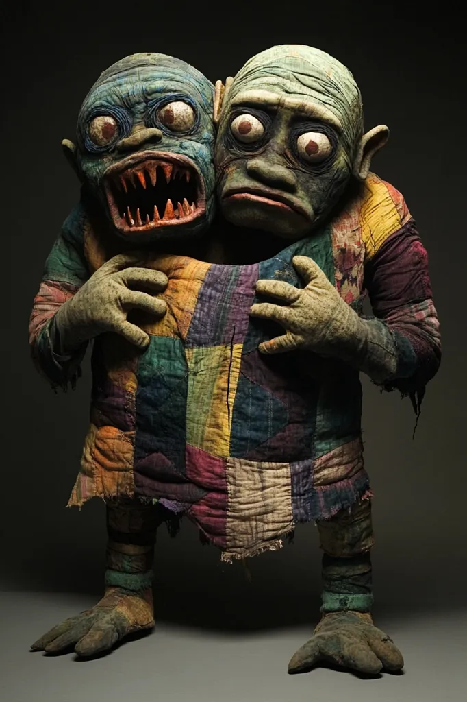 A grotesque puppet, seemingly two-headed, is captured in a full shot.  The creature's heads exhibit exaggerated features: large, bulging eyes, and unsettling expressions—one snarling, the other melancholic. Its body is clothed in a ragged, multicolored patchwork garment that adds to its unsettling aesthetic.  The puppet's feet are clawed and its overall texture suggests a rough, perhaps handcrafted, construction. The dark background accentuates the puppet’s peculiar details.