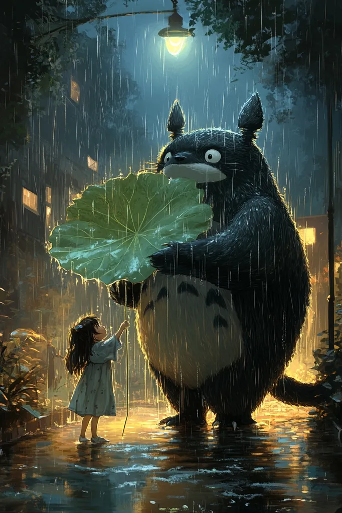 A whimsical digital painting depicts a heartwarming scene. A small girl, dressed in a light-blue dress, stands beneath a giant, furry creature—reminiscent of Totoro—holding a large, green leaf as an umbrella in a rainy night. The creature shields the girl from the downpour, showcasing a gentle act of kindness.  The warm light of a streetlamp illuminates the wet cobblestone street, adding a touch of magic to the rainy, nocturnal ambiance.  The overall mood is serene and enchanting.