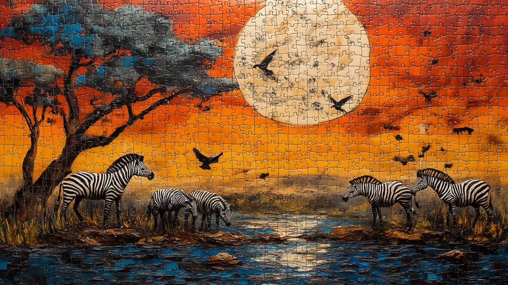 This is a jigsaw puzzle depicting a vibrant African savanna sunset.  A large, pale moon hangs in the orange sky, while several black birds fly across the scene. A large acacia-like tree provides shade, and several zebras are gathered near a watering hole in the foreground. The artist's style is expressive and painterly, with bold colors and visible brushstrokes. The puzzle pieces are clearly visible, adding a textured element to the overall image.