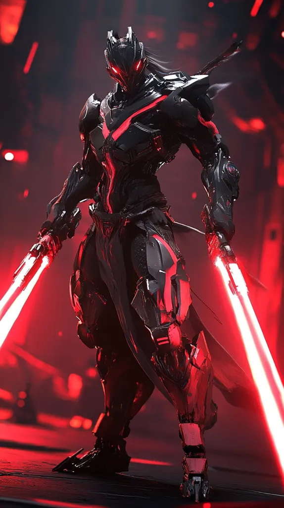 A striking digital illustration showcases a futuristic warrior, clad in sleek, black armor accented with glowing red lines.  The figure wields two vibrant red lightsabers, their energy blades illuminating the dark, red-tinged background. The warrior's helmet obscures their face, adding to the mysterious and powerful aura. The overall aesthetic is dark, dramatic, and visually captivating, suggestive of science fiction or fantasy genres.  The image's sharp details and dynamic pose create a sense of action and intensity.
