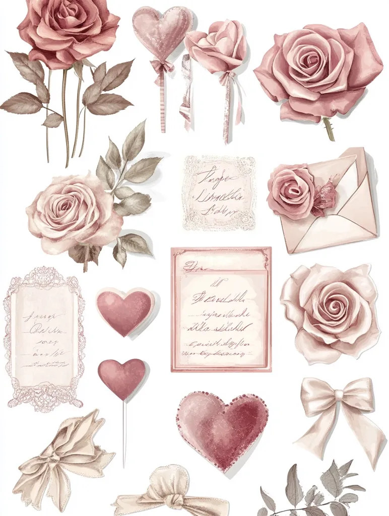 Here's a description of the image:

The image presents a collection of delicate, watercolor-style illustrations on a white background.  The central theme revolves around roses in various shades of blush pink, complemented by romantic elements such as heart-shaped lollipops, ornate bows, and handwritten notes in elegant script.  Envelopes, frames, and sprigs of leaves add to the vintage, romantic aesthetic. The overall style suggests a scrapbook page, a greeting card design, or decorative elements for a romantic project.  The color palette is soft and muted, enhancing the overall sense of femininity and delicate charm.