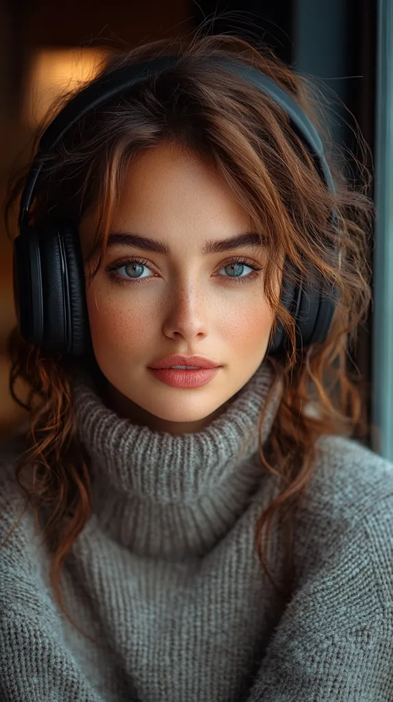 Here's a description of the image:

Close-up portrait of a young woman with long, wavy brown hair wearing black over-ear headphones and a cozy, light gray turtleneck sweater.  Her gaze is directed slightly downward, and she has striking light eyes and subtly freckled skin.  The lighting is soft and warm, creating a mood of calm and intimacy. The background is blurred, drawing focus to the woman's features and the texture of her sweater. The overall impression is one of serene beauty and comfortable style.