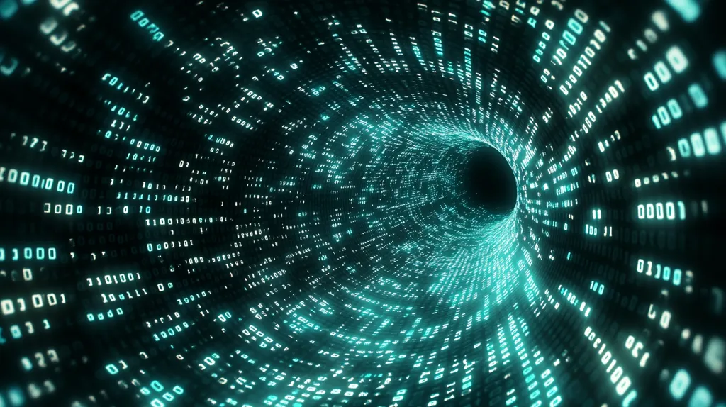 The image depicts a swirling tunnel composed entirely of glowing teal binary code.  The numbers 0 and 1, representing digital information, form the tunnel's walls, creating a vortex effect.  The perspective is from within the tunnel, looking towards a dark center, suggesting a journey through a vast digital landscape or the depths of cyberspace. The overall aesthetic is futuristic and technological.
