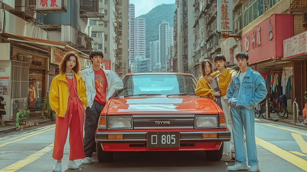 Here's a description of the image:

Five young adults, two men and three women, pose stylishly in front of a vintage red Toyota Corolla in a bustling Hong Kong street. The group's attire features vibrant 80s-inspired clothing; bold colors and layered jackets are prevalent. The background showcases traditional Hong Kong architecture, with crowded buildings and signage in Chinese characters.  The overall aesthetic is one of retro cool and urban energy, with a warm, nostalgic tone. The image suggests a youthful, carefree spirit against a backdrop of rich cultural detail.