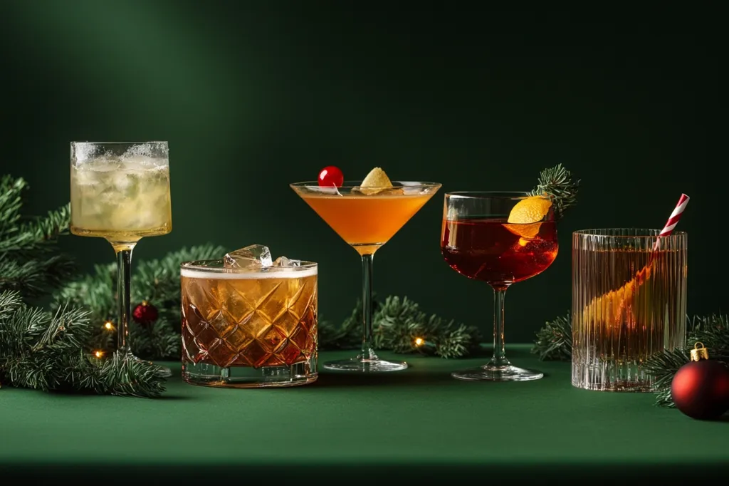Five festive cocktails are arranged on a dark green surface, adorned with sprigs of evergreen and twinkling lights.  From left to right: a whiskey sour in a rocks glass, a Tom Collins in a coupe glass, a Manhattan in a coupe, a Negroni in a coupe, and an Old Fashioned in a rocks glass. The rich colors of the drinks and the greenery create a sophisticated holiday ambiance.  A red Christmas ornament rests near the last drink, completing the scene.