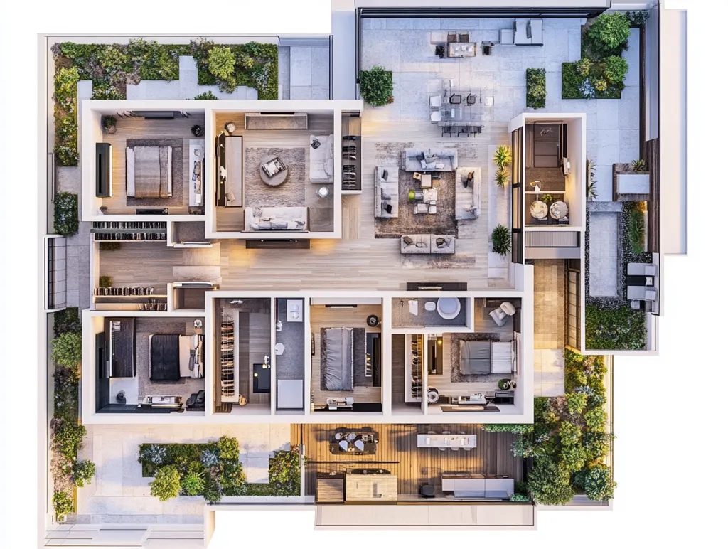This overhead image shows a luxurious penthouse apartment floor plan.  The spacious layout features three bedrooms, each with en-suite bathrooms and walk-in closets. A large open-plan living and dining area flows seamlessly onto a substantial outdoor terrace with landscaped gardens and multiple seating areas.  The design incorporates a modern aesthetic with plenty of natural light, creating a sophisticated and comfortable living space.
