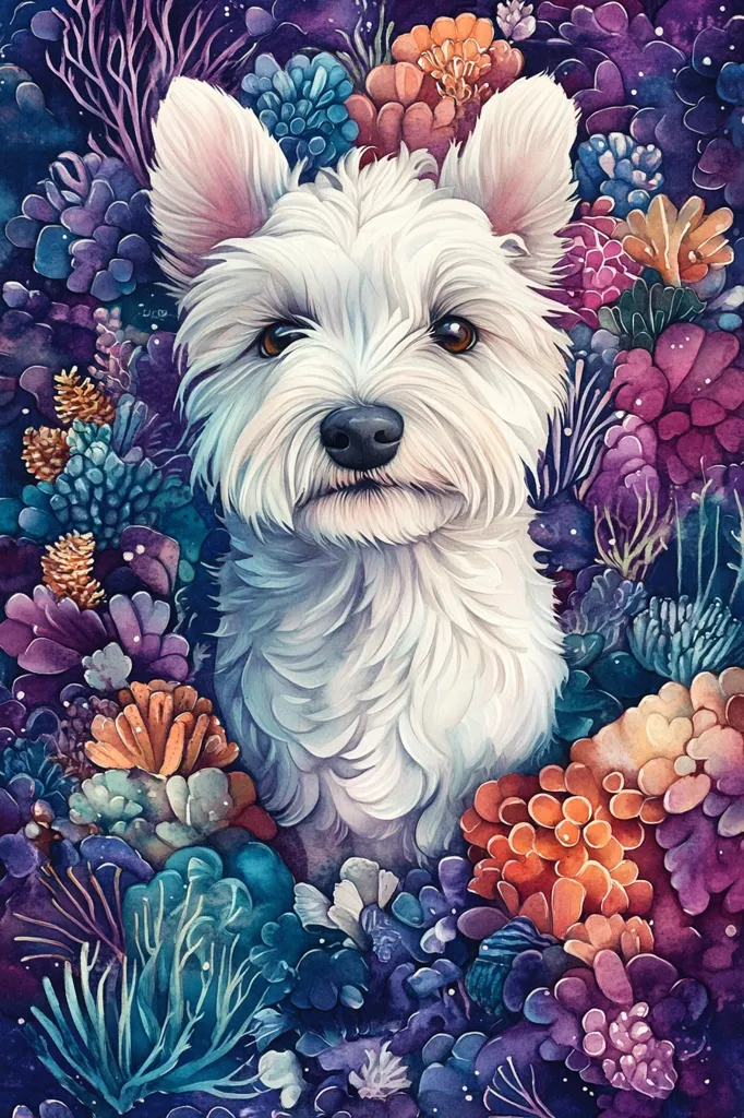 Here's a description of the image:

The artwork is a digital painting of a West Highland White Terrier nestled amongst a profusion of vibrant, stylized succulents and flowers. The dog is centrally positioned, its fluffy white fur detailed with delicate shading. The surrounding flora is rendered in rich, jewel-toned hues of purples, blues, oranges, and greens, creating a dramatic contrast against the dog's bright white coat. The style is reminiscent of watercolor, with soft blends and a slightly painterly texture, giving the overall piece a dreamy and whimsical feel. The background is dark, allowing the colorful flowers and the white dog to stand out.