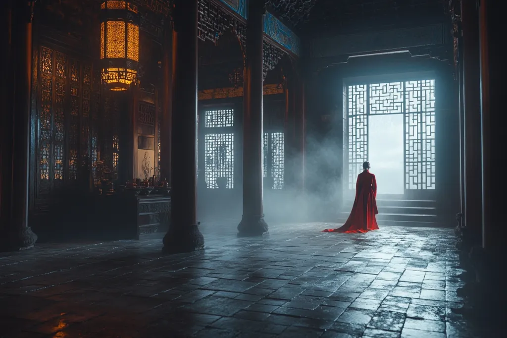 A lone figure, draped in a flowing red robe, stands with their back to the viewer in a dimly lit, grand hall.  Intricate dark wood paneling and ornate columns create a sense of ancient Chinese architecture.  A large, intricately carved window at the far end of the hall allows a soft light to spill in, partially obscured by a light mist. The overall mood is one of mystery and quiet contemplation.  The stone floor reflects a soft glow.