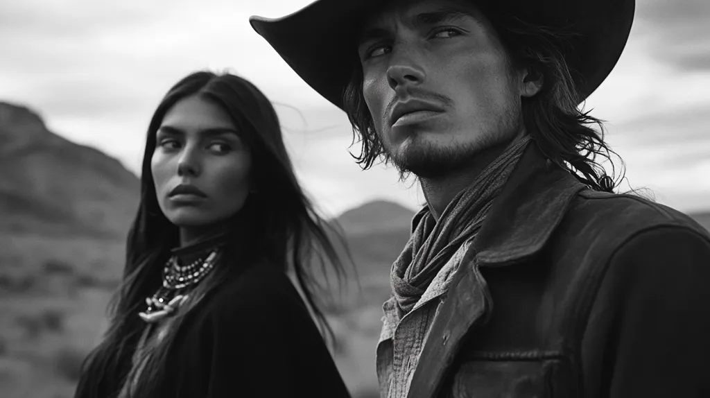 Here's a description of the image:

A black and white, close-up shot depicts a man and a woman in what appears to be a desert landscape. The man, wearing a cowboy hat and leather jacket, is sharply in focus, his gaze directed to his left. His facial features are strong and his expression serious.  The woman, with long dark hair and Native American-inspired jewelry, is slightly out of focus, looking to her left. She wears a dark shawl or cloak. The background features muted, rocky hills under a cloudy sky. The overall mood is one of mystery and intensity, possibly hinting at a Western or dramatic narrative.
