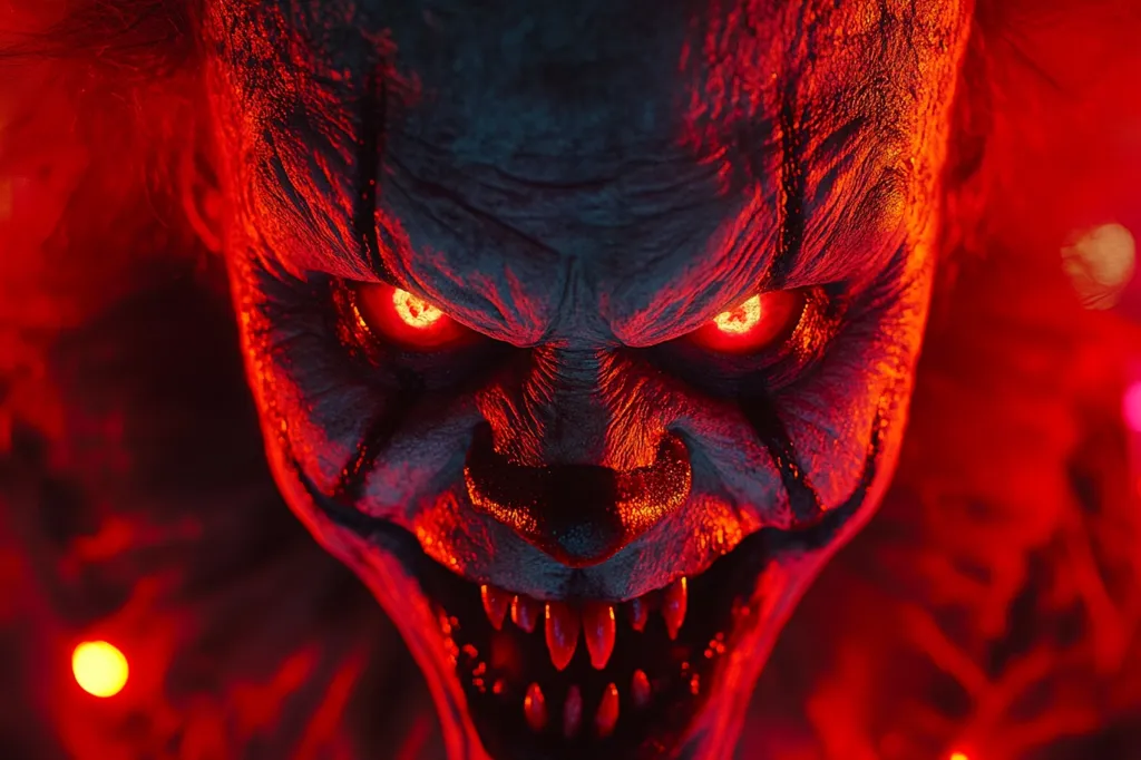 Here is a description of the image:

The image is a close-up of a terrifying clown's face. The clown's expression is one of intense malice, with a wide, sharp-toothed grin and glowing red eyes. The skin is dark and wrinkled, giving a grotesque appearance. The lighting is predominantly red, casting an ominous and frightening glow on the clown's features. The background is blurry but suggests a dark, possibly Halloween-themed, environment. The overall effect is one of horror and dread.