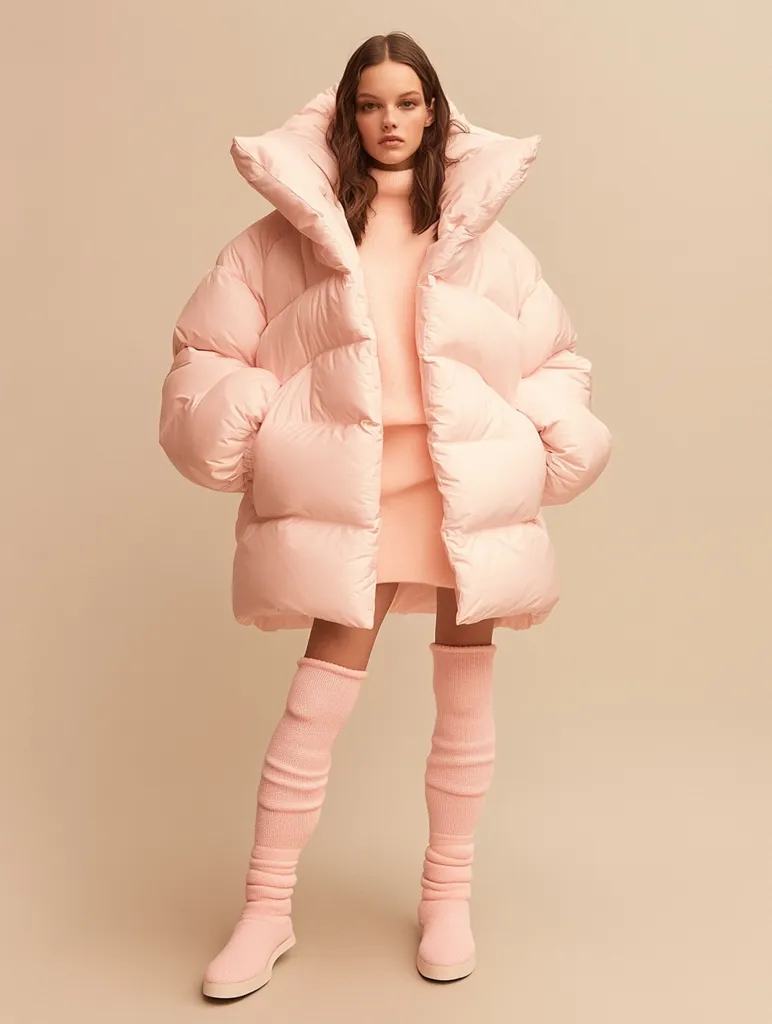 A young woman models a pale pink, oversized puffer jacket with a large collar. The jacket is knee-length and features a boxy silhouette.  She's wearing a matching pale pink sweater and mini skirt underneath.  Her outfit is completed with long, pale pink socks and matching ankle boots. The overall aesthetic is minimalist and monochromatic in a soft, pastel palette. The background is a solid, light beige.