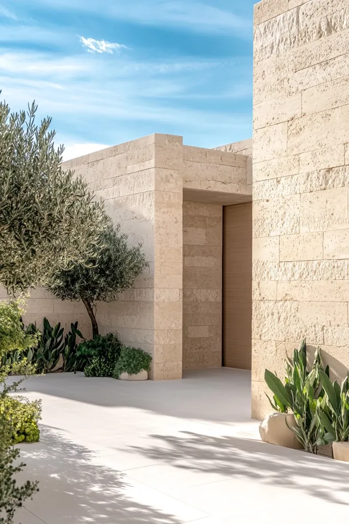 Here's a description of the image:

The photograph showcases a modern architectural detail, likely an entranceway to a luxurious home.  The building is constructed from light beige, textured stone blocks, creating a warm and minimalist aesthetic.  Low-lying landscaping, featuring olive trees and other drought-tolerant plants, softens the structure's sharp lines.  Sunlight casts shadows across the light-colored paving stones of the courtyard, enhancing the sense of serenity and spaciousness. The overall impression is one of understated elegance and sophisticated simplicity.