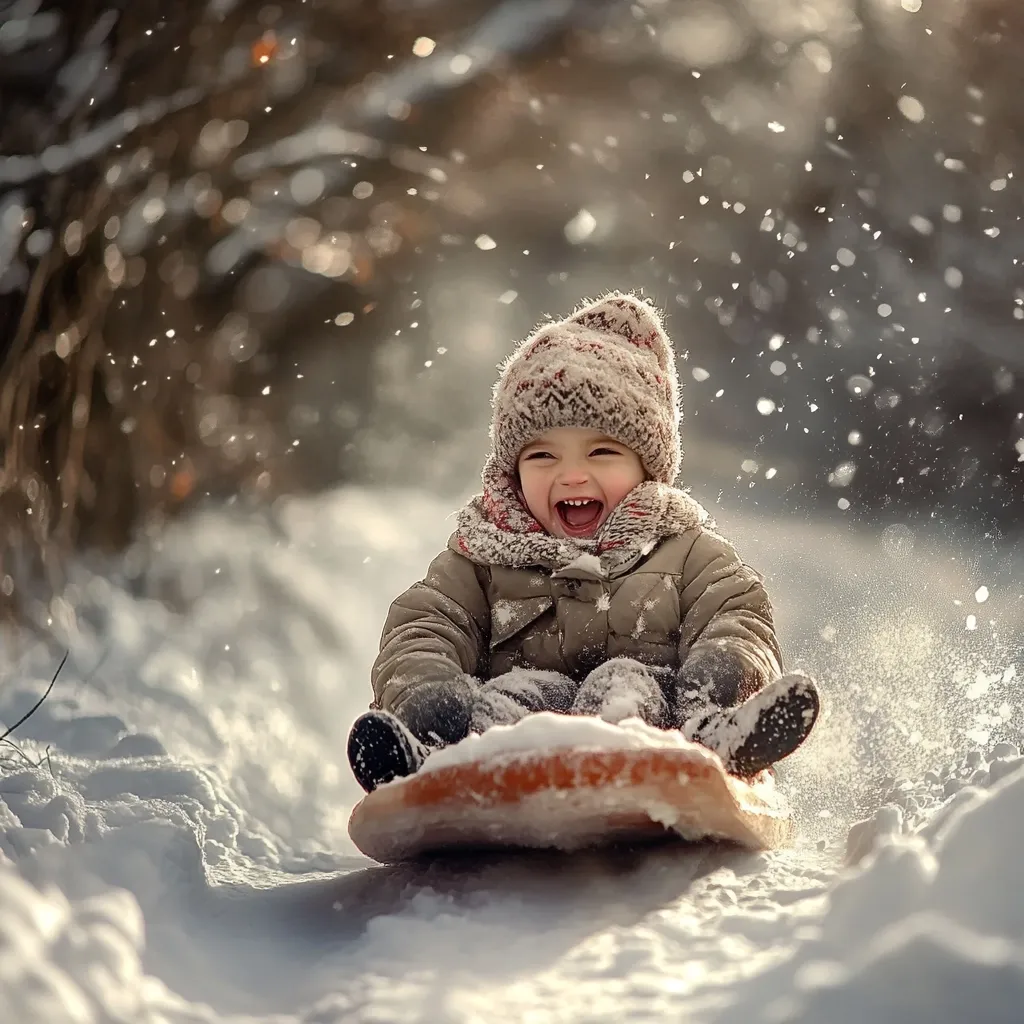 A joyful toddler, bundled in a warm knitted hat and coat, gleefully sleds down a snowy path.  Snowflakes dance in the air around them, creating a magical winter scene. The child's wide, open-mouthed laugh expresses pure delight as they enjoy the winter wonderland. The sun glints off the snow, highlighting the child's happy expression and the bright orange sled.