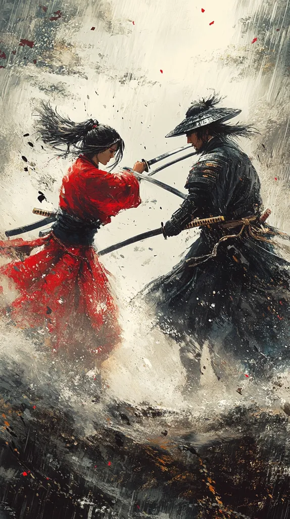 The artwork depicts a dynamic duel between two samurai in a rain-swept landscape.  A female samurai in a vibrant red kimono clashes with a male samurai clad in dark, somber attire.  Their swords are locked in a fierce struggle, their movements implied by the swirling brushstrokes and splashing water. The painting's style is expressive and painterly, emphasizing motion and emotion over precise detail, creating a sense of drama and intensity amidst the stormy setting.  The contrast between the red and black costumes further enhances the visual impact of the scene.