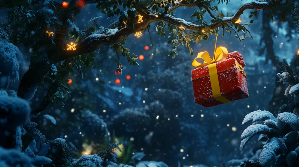 A red, snow-dusted gift with a yellow bow hangs from a snow-covered branch in a winter wonderland.  Fairy lights twinkle on the branches, adding to the magical atmosphere.  The scene is dark and moody, with a soft snowfall gently falling.  The overall feeling is one of festive mystery and enchantment.  The gift is the focal point, adding a sense of anticipation and wonder.