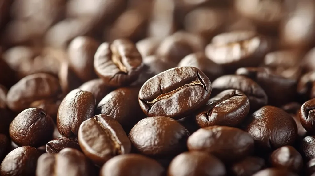 A close-up shot reveals a dense collection of roasted coffee beans.  Their rich, dark brown color and glossy surfaces are highlighted, showcasing the individual beans' contours and the characteristic cleft running along their length.  The shallow depth of field emphasizes the beans in the foreground, while those further back are softly blurred, creating a textural and inviting image. The overall impression is one of warmth, richness, and the aroma of freshly roasted coffee.