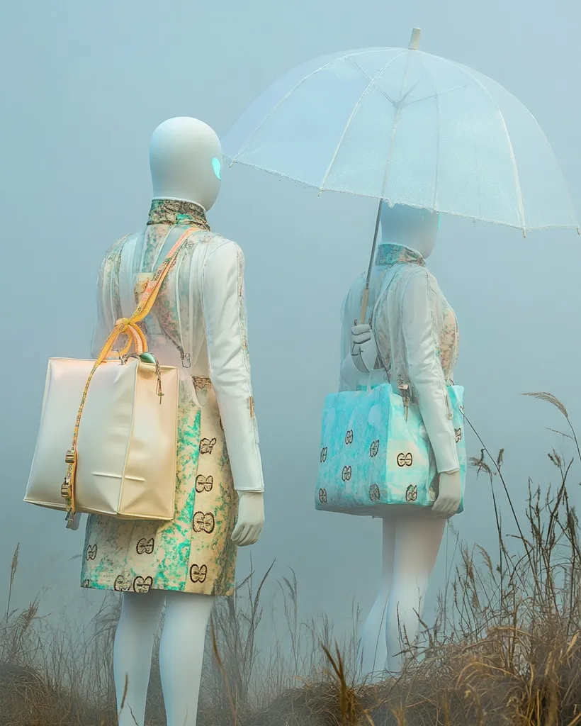 Two mannequin figures, dressed in white and teal patterned skirts and carrying large tote bags, stand in a misty field. One mannequin holds a clear umbrella. The scene is ethereal and slightly surreal, with a muted color palette and a focus on the fashion items. The figures and the fog create a dreamlike atmosphere. The bags feature a repeated logo pattern.