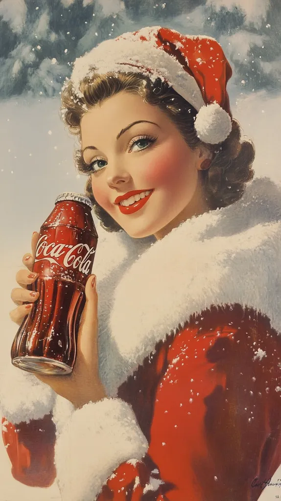 A vintage Coca-Cola advertisement features a glamorous woman in a red Santa suit with a fluffy white trim.  Snow falls softly around her as she holds a bottle of Coca-Cola. Her makeup is impeccable, and her expression is cheerful and inviting. The overall style is reminiscent of mid-20th-century advertising art, creating a nostalgic and festive atmosphere.  The image evokes feelings of warmth and holiday cheer, associating Coca-Cola with the Christmas season.