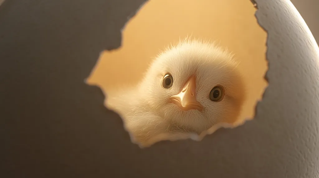 A fluffy, newborn chick peeks out from a cracked eggshell.  Its downy white feathers contrast with the warm, golden light illuminating the scene.  Large, curious eyes and a small, orange beak are visible. The chick's position within the broken eggshell creates a heartwarming image of new life emerging. The overall tone is soft and gentle, emphasizing the fragility and beauty of the moment.