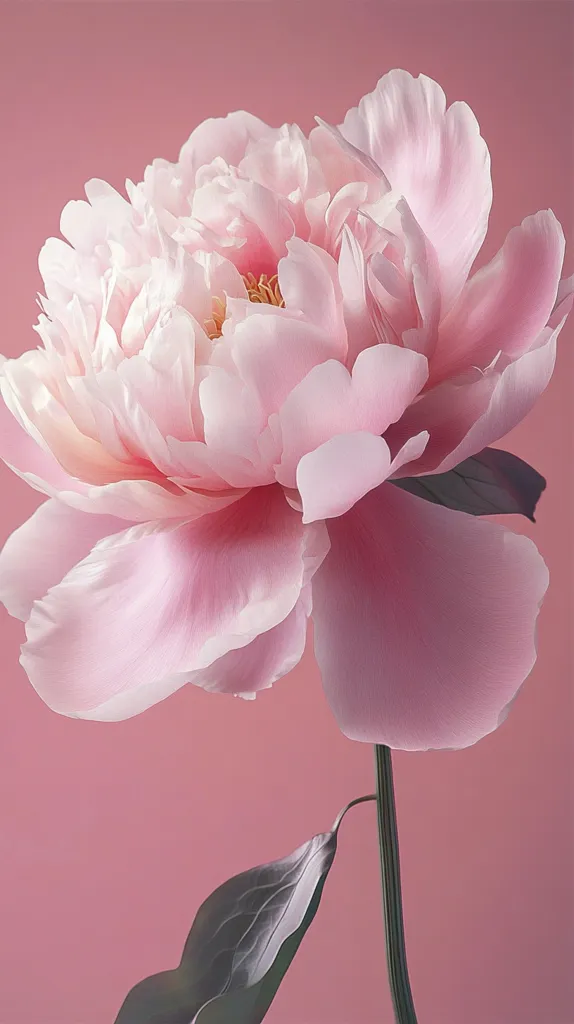 A single, pale pink peony dominates the frame, its numerous delicate petals softly overlapping.  The bloom is fully opened, revealing a subtle yellow center.  A slender, green stem supports the flower, with a single, slightly darker leaf visible near the base. The background is a solid, muted pink, providing a soft, elegant contrast to the flower's delicate hues. The overall image evokes a sense of serene beauty and simplicity.