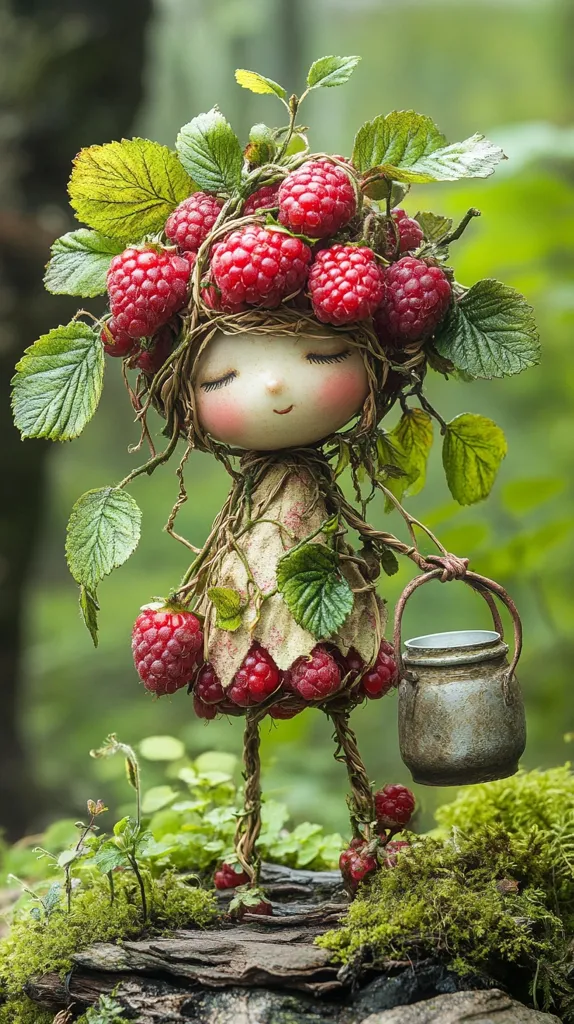 A whimsical figurine, crafted from natural materials, resembles a tiny girl.  Her head is adorned with a crown of raspberries and leaves, and her dress is fashioned from similar elements.  Slender, twig-like legs support her small body.  She carries a miniature, rustic pail, adding to her charming, woodland fairy aesthetic. The figurine is positioned on a mossy log, creating a serene and enchanting scene.