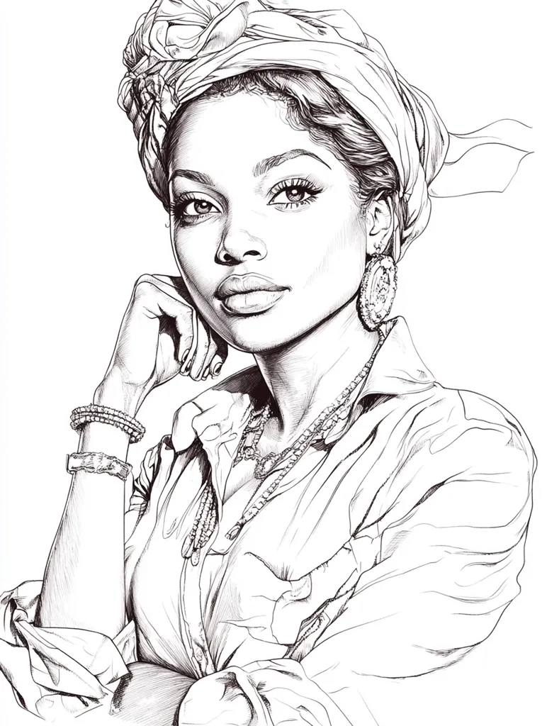 Here's a description of the image:

The detailed pen-and-ink drawing showcases a woman with rich, dark features.  She's elegantly styled in a headscarf, intricately wrapped and flowing, and a loose, collared shirt.  Her hand rests gently on her chin, creating a thoughtful pose.  Layered necklaces and bracelets adorn her, adding to her sophisticated appearance.  The artist skillfully uses shading and linework to create depth and texture, giving the drawing a lifelike quality.  Her gaze is direct, engaging the viewer with quiet confidence. The overall style is realistic, emphasizing the subject's beauty and grace.