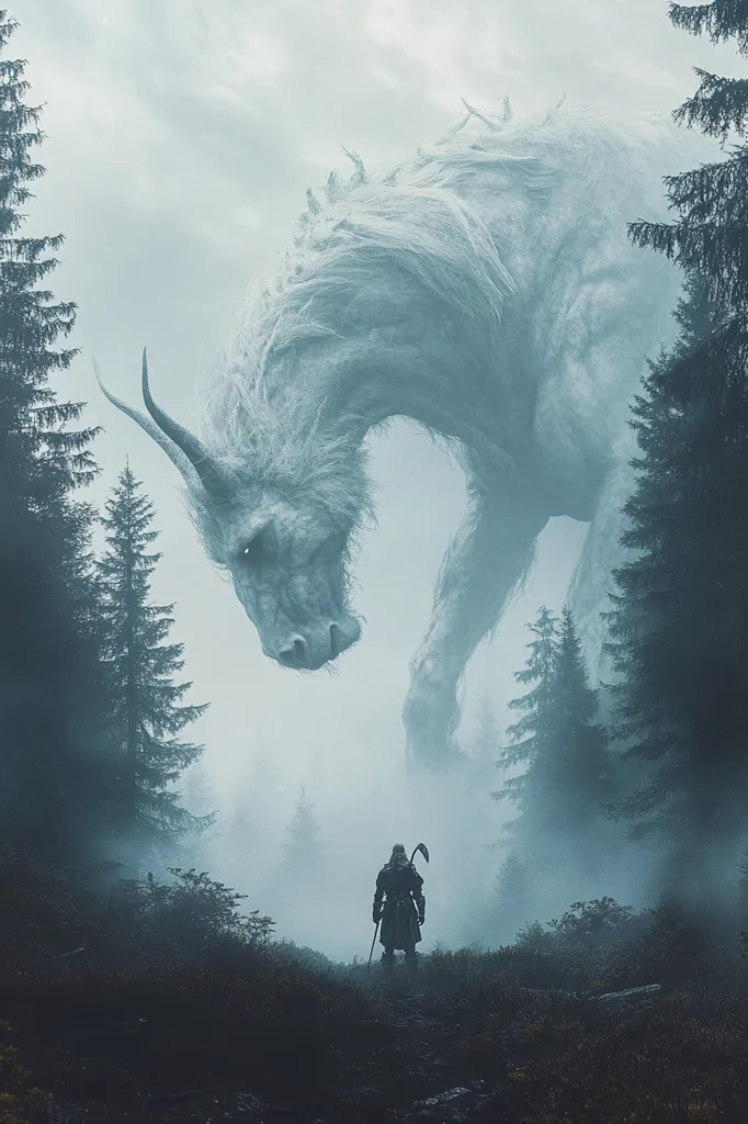 A lone figure, clad in dark clothing and carrying a staff, stands before an immense, white, horse-like creature in a misty forest.  The creature looms large, its shaggy fur and single horn visible in the ethereal fog.  Tall evergreens surround the scene, adding to the atmosphere of mystery and awe. The overall tone is dark and moody, hinting at a confrontation between the tiny human and the colossal beast.