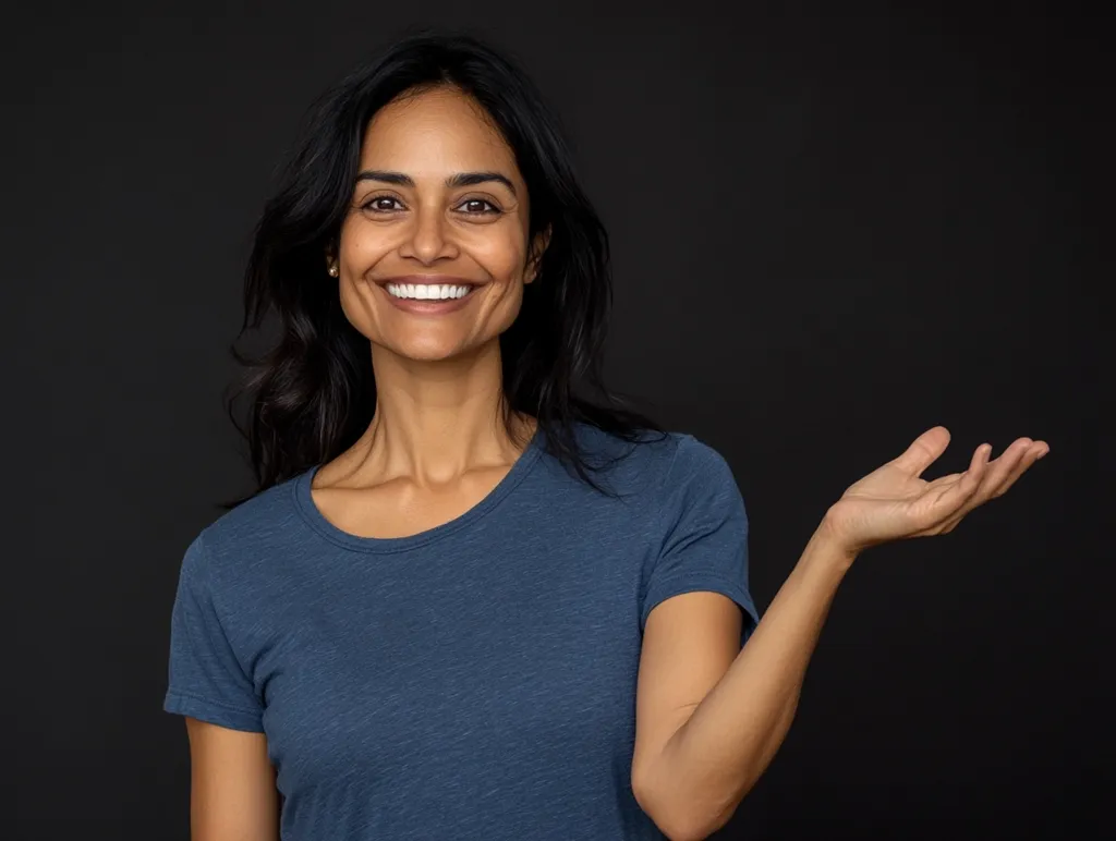 A woman with long, dark hair smiles broadly at the camera against a black background.  She's wearing a simple, dark blue t-shirt and her right arm is extended, palm up, as if presenting something or making a gesture of openness. Her expression is friendly and inviting. The image is a straightforward portrait, well-lit, focusing on the woman's face and upper body.