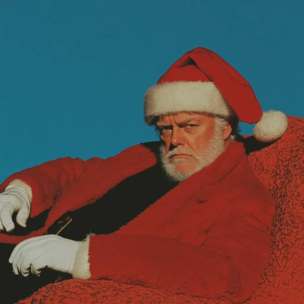 A stern-looking Santa Claus, wearing a traditional red suit and hat with white fur trim, sits in a plush red chair against a vibrant teal backdrop. His expression is serious, almost grumpy,  his gaze fixed directly on the viewer.  He wears white gloves and seems to be holding something in his lap. The overall image is striking due to the contrast of the bright colors and Santa's unexpectedly severe demeanor.