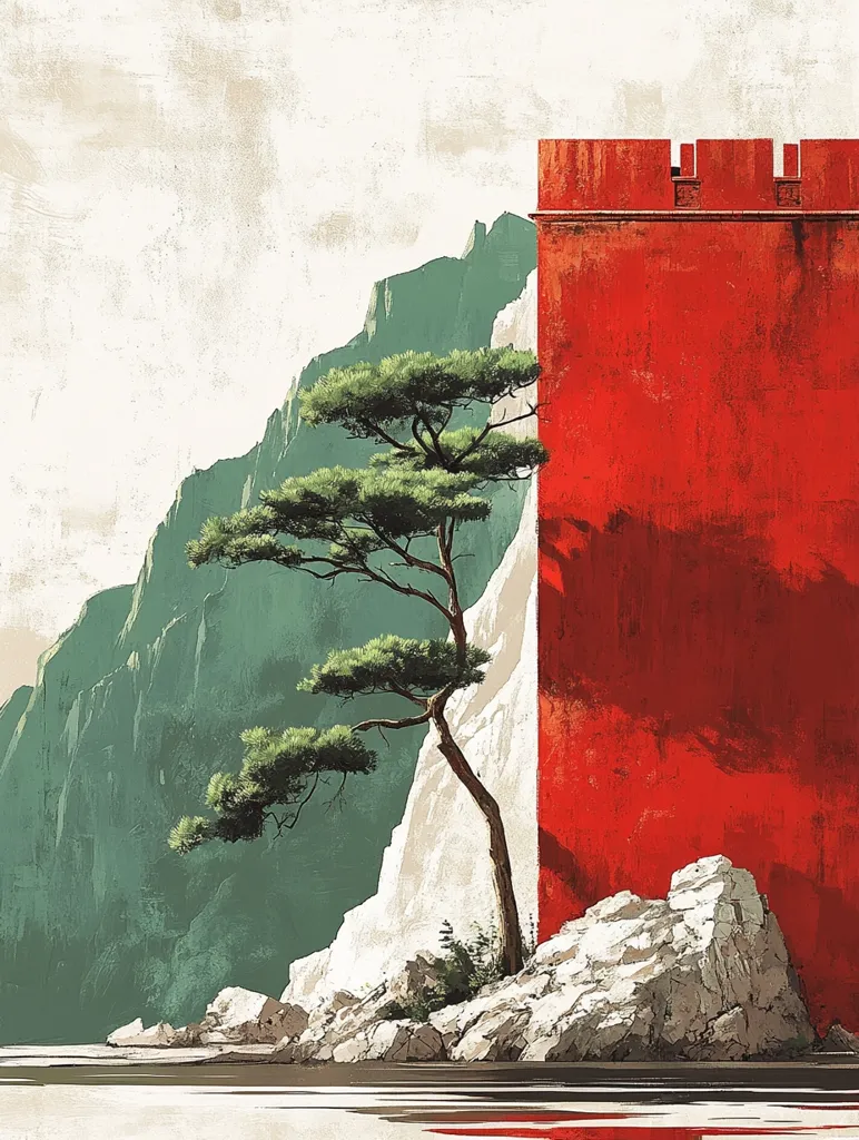 Here's a description of the image:

The artwork depicts a serene landscape featuring a solitary pine tree situated on a rocky outcrop beside a calm body of water.  The tree, with its lush green foliage, stands prominently against a backdrop of imposing, verdant cliffs.  To the right, a tall, vibrant red wall, reminiscent of a fortress or gate, forms a striking contrast against the natural elements. The overall style is painterly, with a textured, slightly rough surface suggesting a blend of digital and traditional techniques. The color palette is muted yet vivid, emphasizing the contrast between the red wall and the cool greens and whites of the natural setting. The scene evokes a sense of quiet solitude and peaceful contemplation.