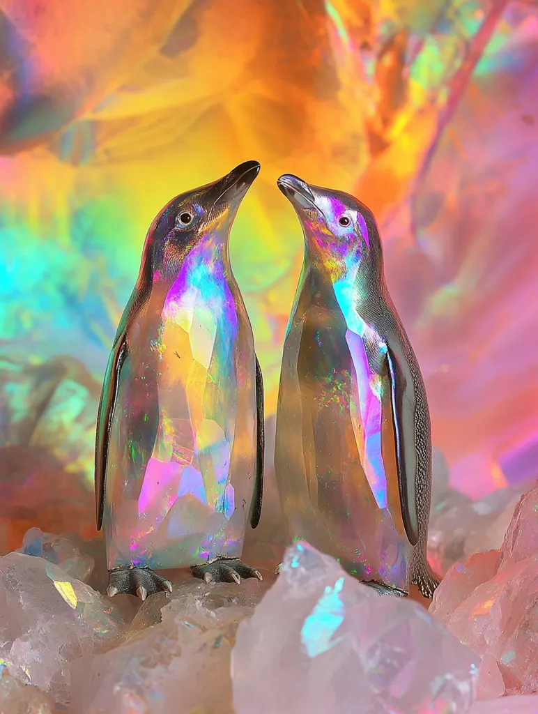 Two iridescent penguin sculptures stand on a bed of pink and opal-like stones.  Their bodies shimmer with rainbow colors, suggesting they're crafted from an opalescent material.  The penguins face each other, their dark grey beaks and wing details contrasting against their luminous bodies.  The background is a blurry, vibrant wash of orange, pink, and purple hues, mimicking an ethereal, dreamlike setting.