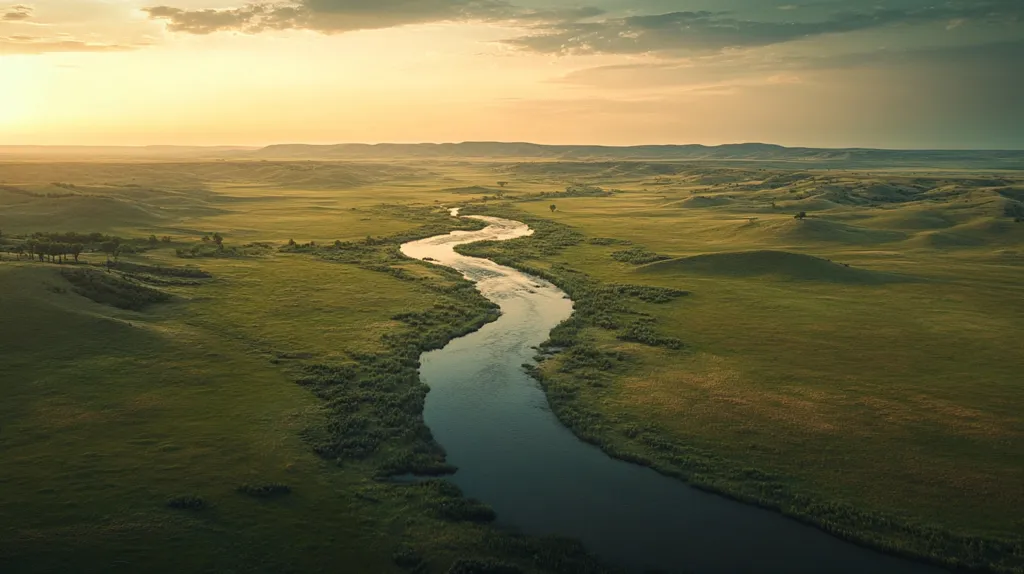 Here is a description of the image:

An aerial shot captures a serene river meandering through a vast, verdant landscape at sunset.  The river, dark and reflective, snakes its way across the frame, its banks lined with lush green vegetation. Rolling hills and grasslands, bathed in the warm, golden light of the setting sun, stretch to the horizon under a muted sky. The overall impression is one of peaceful, untouched natural beauty.