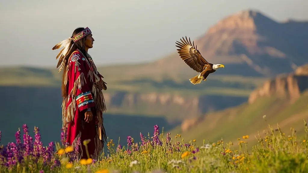 A Native American man, adorned in a vibrant red and beige traditional garment and headdress with feathers, stands in a field of wildflowers.  A bald eagle soars gracefully in the distance against a backdrop of rolling hills and a hazy mountain range. The scene evokes a sense of freedom, spirituality, and connection to nature.  The soft lighting suggests either sunrise or sunset, adding to the peaceful and serene atmosphere.
