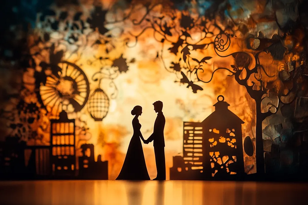 Silhouetted paper cutouts of a bride and groom stand hand-in-hand against a warm, orange backdrop.  The background features intricate cut-paper details depicting a whimsical cityscape, trees, and a ferris wheel.  The overall effect creates a romantic and slightly surreal scene, possibly representing a dreamlike or artistic interpretation of love.  The warm lighting enhances the shadows and the delicate details of the artwork.